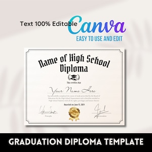 Graduation Certificate, Class 2024, High School Diploma, Gold Seal Diploma, Editable Template Canva, College Diploma, Graduation High School