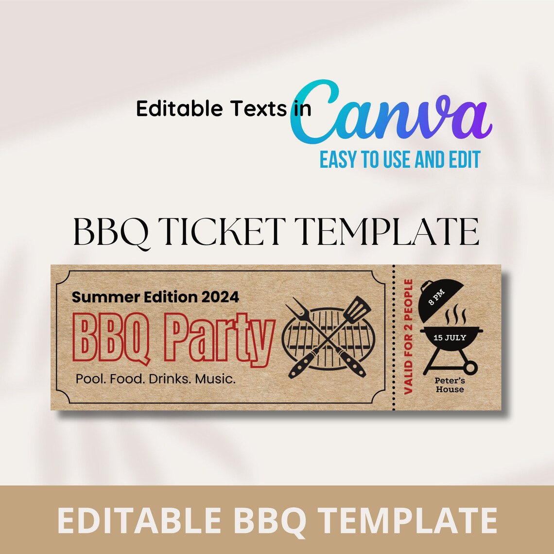 Editable BBQ Ticket Template, Custom BBQ Ticket Invitation, Custom ...