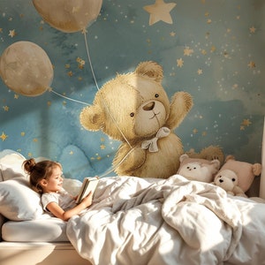 Mural de pared con un bonito oso en el cielo, papel tapiz con nubes estrelladas en azul y beige, mural de pared para habitación de bebé con globos y osito de peluche, despegable y adhesivo