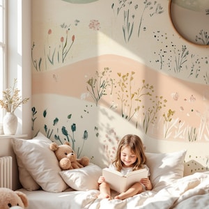 Pastel wildflower mural with abstract floral meadow design.
Nursery pastel flower mural with calming wildflowers.