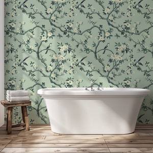 Soft Green Chinoiserie Wallpaper, Classic Floral Wallpaper, Peel and Stick Botanical Wall Decor, Birds and Flowers Art, Japanese Wallpaper