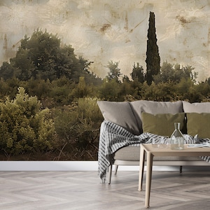 Vintage Landscape Wall Mural, Rustic Botanical Wallpaper, Scenic Wall Art, Peel and Stick Antique Wallpaper, Bushes and Trees Classic Decor