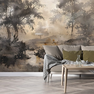 Watercolor Trees Vintage Style Mural, Rustic Forest Wallpaper, Old Style Misty Landscape Wall Decal, Peel & Stick Custom Size Dark Beige Art