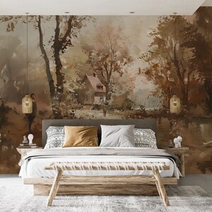 Watercolor House in the Forest Mural, Vintage Brown Forest Wallpaper, Peel and Stick Autumn Forest Decor, Nature Landscape Classic Mural