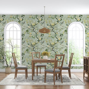 Gedämpfte grüne Chinoiserie-Tapete, Leinen-Textur-Hintergrund-Blumentapete, hellgrüne botanische Wandkunst, schälen und aufkleben botanisch