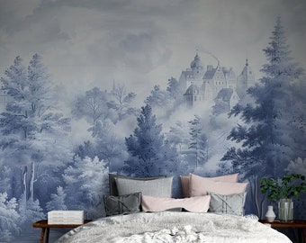 Papier peint classique de style français, papier peint paysage forestier monochrome bleu, décoration murale style toile de Jouy, art de la ville et des arbres