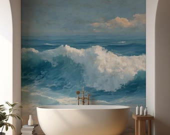 Ocean Wave Oil Painting Wall Mural, Coastal Blue Sea Wallpaper, Large Scale Rolling Waves Seascape Decor