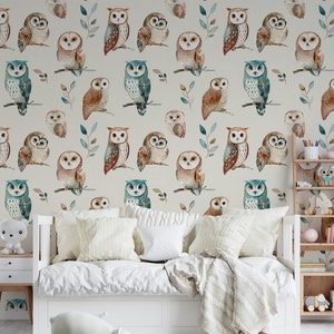 Murale con gufi acquerello, carta da parati con gufo della scuola materna, colori pastello stacca e incolla, gufi della camera dei bambini, decorazione da parete con uccelli del bosco, rimovibile senza PVC