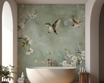 Papier peint chinoiseries vert tendre, décoration murale fleurs et oiseaux autocollantes, revêtement mural amovible floral couleurs pastel, décoration sans PVC