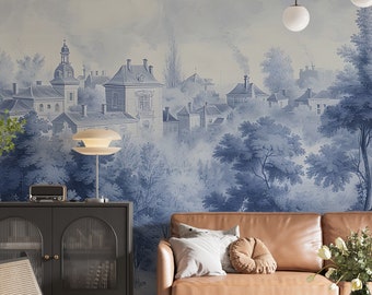 Blue Monochrome Trees and Village Mural, Vintage Landscape Wallpaper, Peel and Stick Blue French Style Wall Decal, Toile de Jouy Style Mural