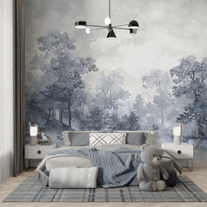 Watercolor Grey Forest Wallpaper, Monochrome Trees Mural, Peel and Stick Soft Nature Decor, Removable Classic Forest Mural, Custom Size Art