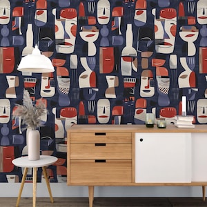 Carta da parati moderna con volti e forme astratte, carta da parati Art Déco geometrica in grassetto nei colori blu scuro, rosso e crema, bottiglie e vasi stacca e incolla