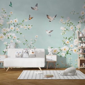 Soft Green and White Chinoiserie Wall Mural, Blossom Trees and Birds Wallpaper, Nursery Nature Wall Art, Peel and Stick or Traditional