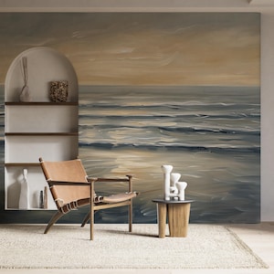 Carta da parati murale con pittura a olio sull'oceano calmo, carta da parati con tramonto sul mare staccabile e attaccabile, decorazione da parete con accenti sull'orizzonte oceanico