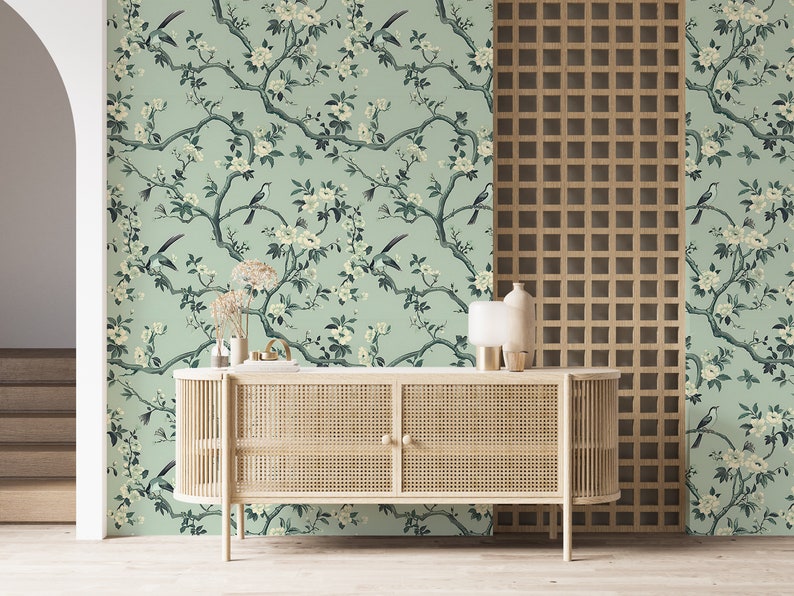 Soft green botanical wall mural