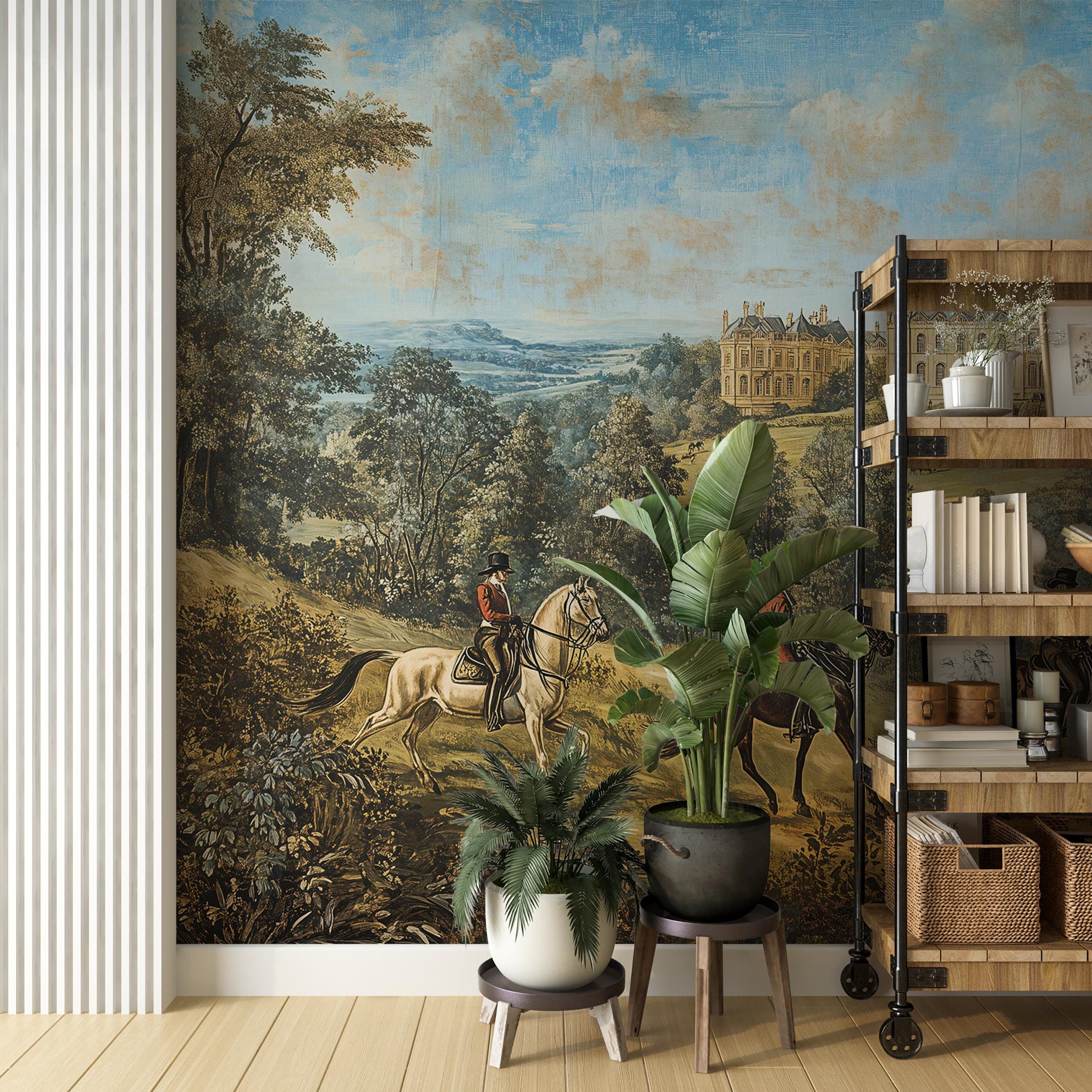 フランスアンティーク 絵画 額縁 城の風景 壁掛け 木製フレーム ヴィンテージフランスの城の壁紙壁画、風景の馬乗り、アンティーク絵画