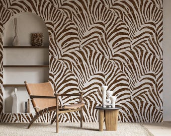 Zebra Pattern Wallpaper, Brown and White Zebra Skin Wallpaper, Peel and Stick Safari Theme Wall Decor, Removable Abstract Animal Wallpaper