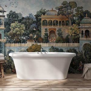 Lush Garden Wall Mural, Coloful Palace Wallpaper, Old Architecture Vintage Wallpaper, Peel and Stick Removable Castle in the Forest Mural