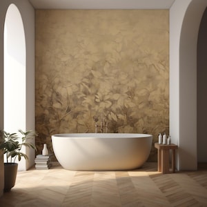 Carta da parati botanica vintage in oro, carta da parati in stile dipinto a olio con foglie e alberi sbiaditi, murale dorato staccabile e attaccabile