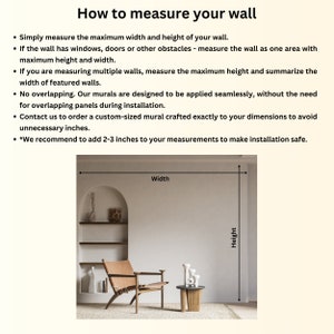 May include: Diagram showing how to measure a wall for a mural. The diagram shows a wall with a window and a chair in front of it. The text on the diagram says "Width" and "Height" to indicate the measurements to take.