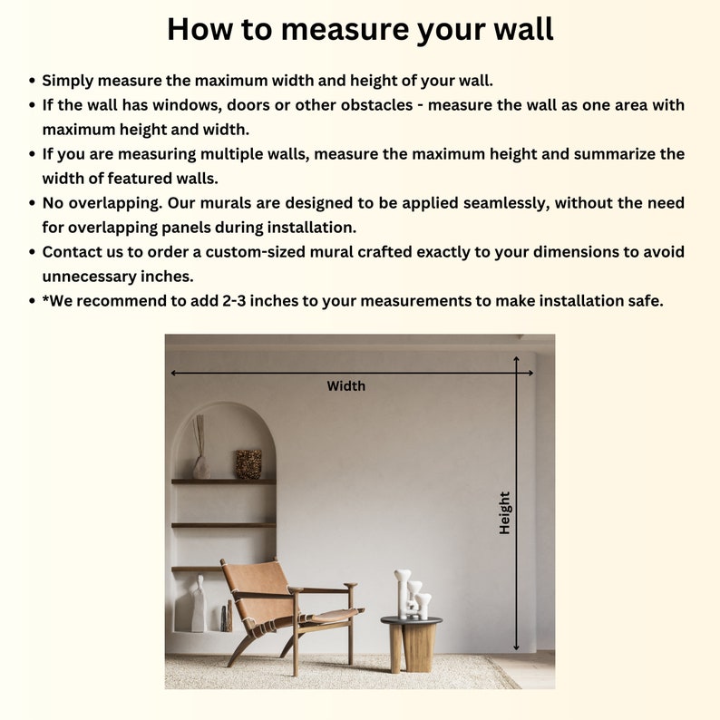 May include: Diagram showing how to measure a wall for a mural. The diagram shows a wall with a window and a chair in front of it. The text on the diagram says "Width" and "Height" to indicate the measurements to take.