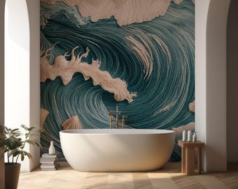 Meereswellen Wandbild, Abstrakte Meerestapete, Schälen und Aufkleben Gewelltes Wandbild, Nautisches Abnehmbares Wandbild