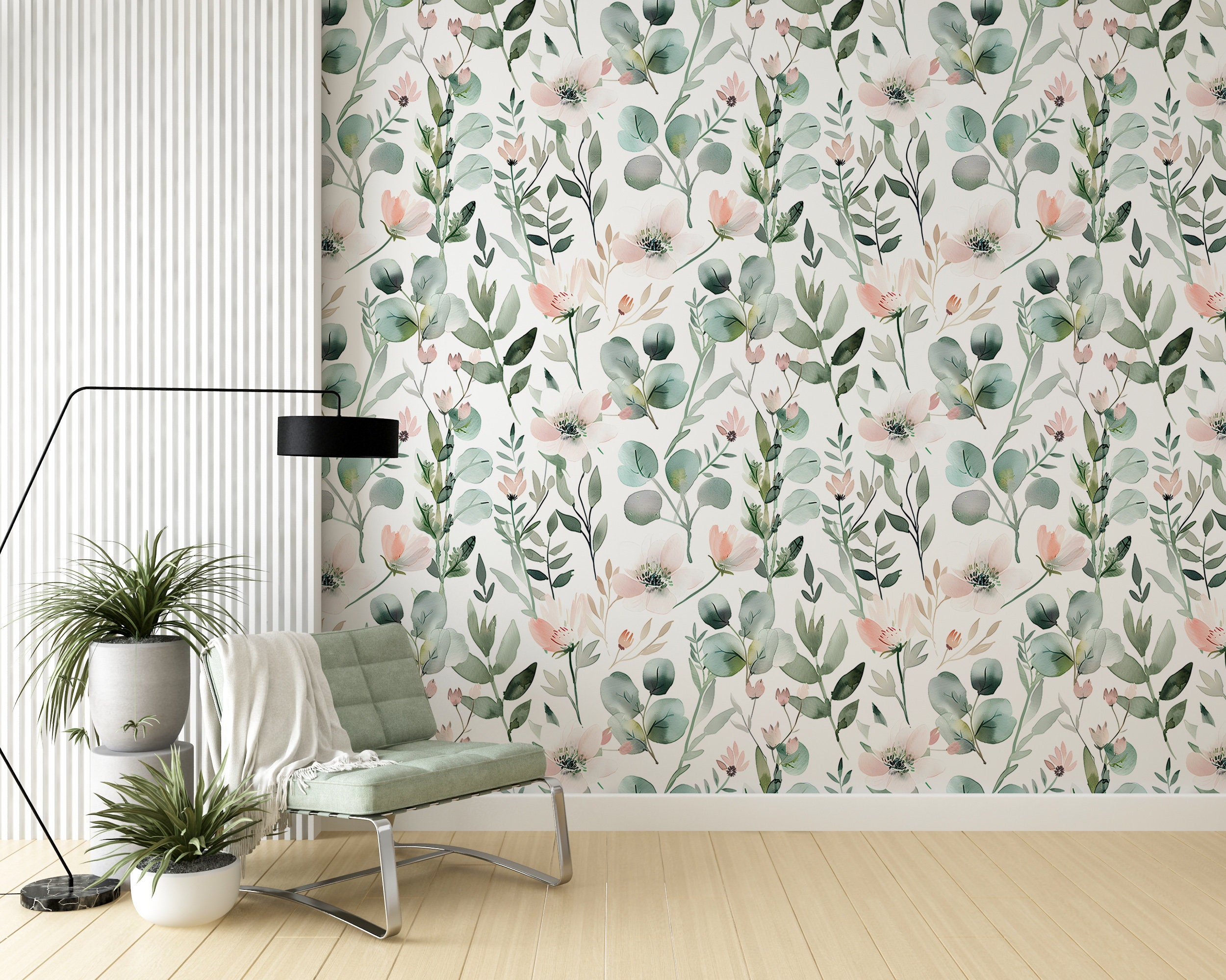Pastel Green and Pink Floral Wallpaper, Green Leaves Wallpaper, Peel