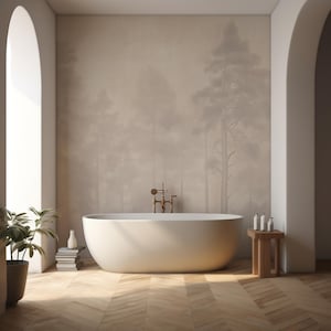 Beige Forest Wall Mural: Muted Tree Landscape, Peel and Stick Wallpaper
