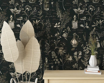 Dark Herbal Wallpaper, Peel and Stick Alchemy Wallpaper, Dark Green Medical Symbols Vintage Wall Decor, Botanical Wallpaper
