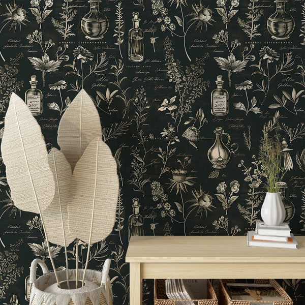 Papel de parede de ervas escuras, papel de parede de alquimia removível e colante, decoração de parede vintage com símbolos médicos verde-escuro, papel de parede botânico