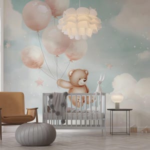 Lindo oso juguete y globos rosados vivero mural de pared, habitación para niños Peel and Stick Wallpaper, nubes de acuarela y arte de estrellas en colores pastel
