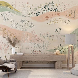 Abstract floral wallpaper with pastel meadow flowers.
Dreamy wildflower mural for nurseries and bedrooms.