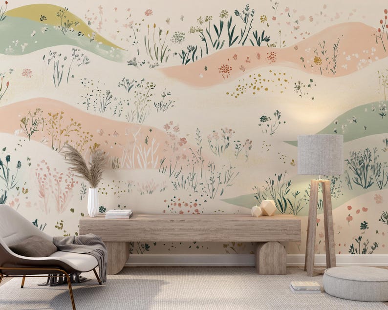 Abstract floral wallpaper with pastel meadow flowers.
Dreamy wildflower mural for nurseries and bedrooms.