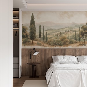 Removable vintage wallpaper mural with retro countryside scene.
Watercolor painting of rolling hills and scenic views wallpaper.