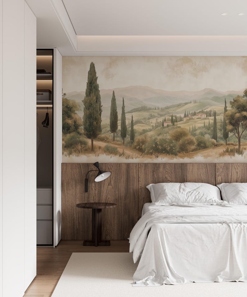 Removable vintage wallpaper mural with retro countryside scene.
Watercolor painting of rolling hills and scenic views wallpaper.