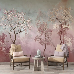 Muted Colors Trees Wallpaper, Soft Pink Watercolor Trees Wall Mural, Peel and Stick Sakura, Japanese Traditional Style Tree Wall Decor