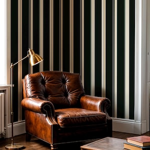 Dark Green and Beige Striped Wallpaper, Elegant Vertical Stripe Wall Mural, Modern Neutral Stripes, Sophisticated Interior Design
