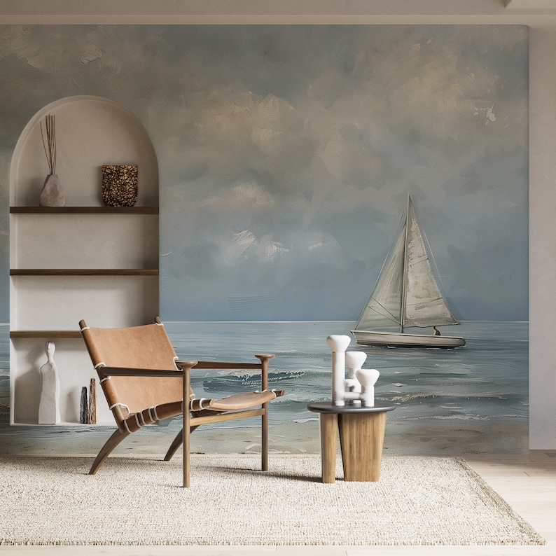 Sailboat Wall Mural, Soft Blue Watercolor Sea Wallpaper, Peel and Stick Boat at Sea Mural, Cloudy Ocean Wall Decor, White Sailboat Removable image 6