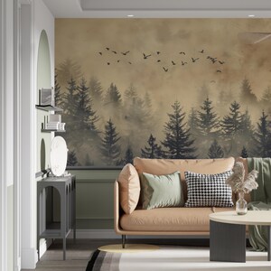Birds and Pine Forest Vintage Mural, Beige Foggy Forest Wallpaper, Peel and Stick Classic Nature Landscape Art