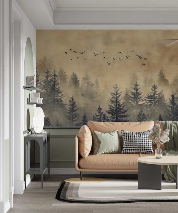 Birds and Pine Forest Vintage Mural, Beige Foggy Forest Wallpaper, Peel and Stick Classic Nature Landscape Art