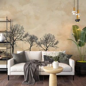 Trees On Beige Background Mural Beige Decorative Plaster Wallpaper Abstract Photo Inspiration