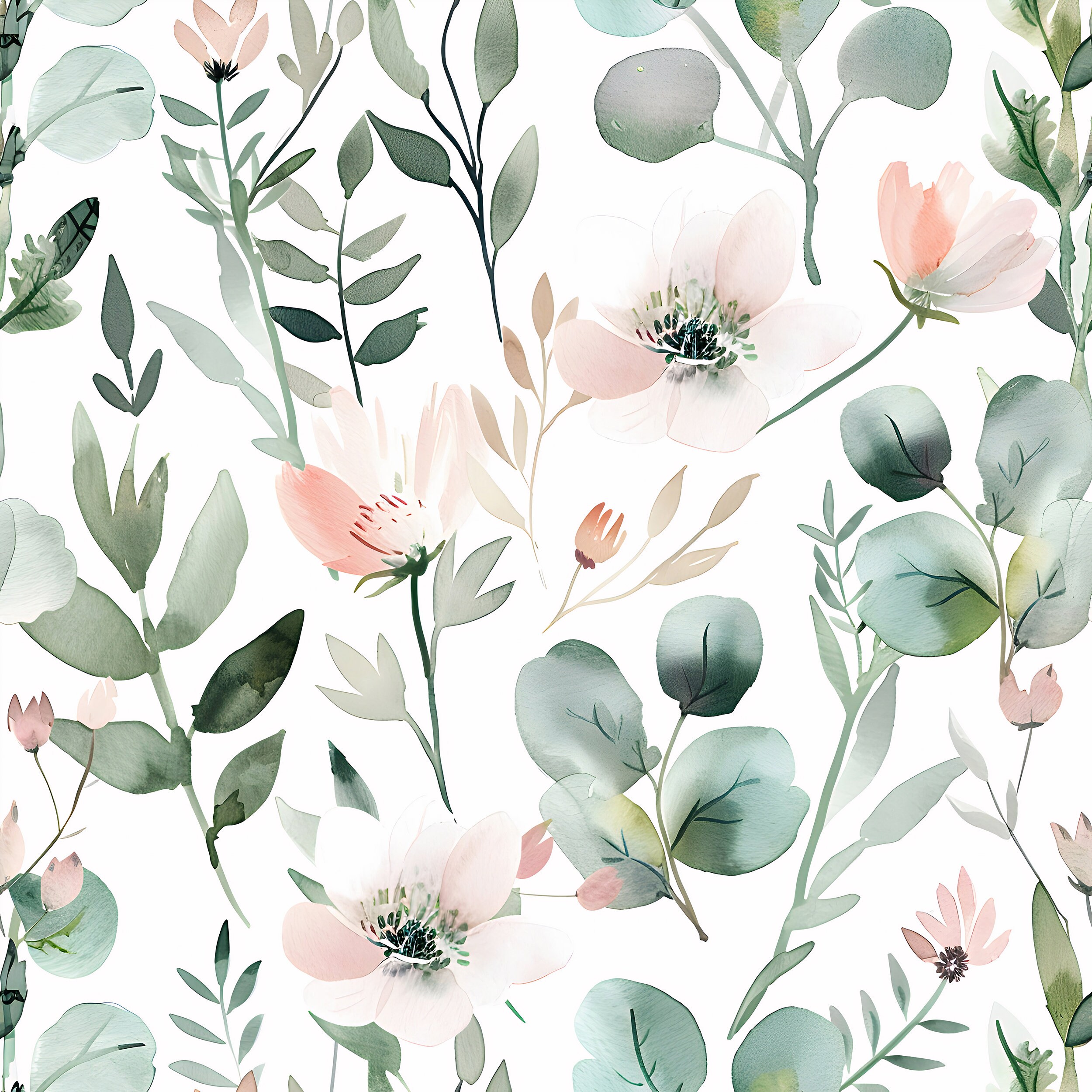 Pastel Green and Pink Floral Wallpaper, Green Leaves Wallpaper, Peel