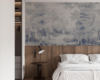 Mural de pared de árboles azules: textura de lino, papel pintado autoadhesivo vintage de bosque
