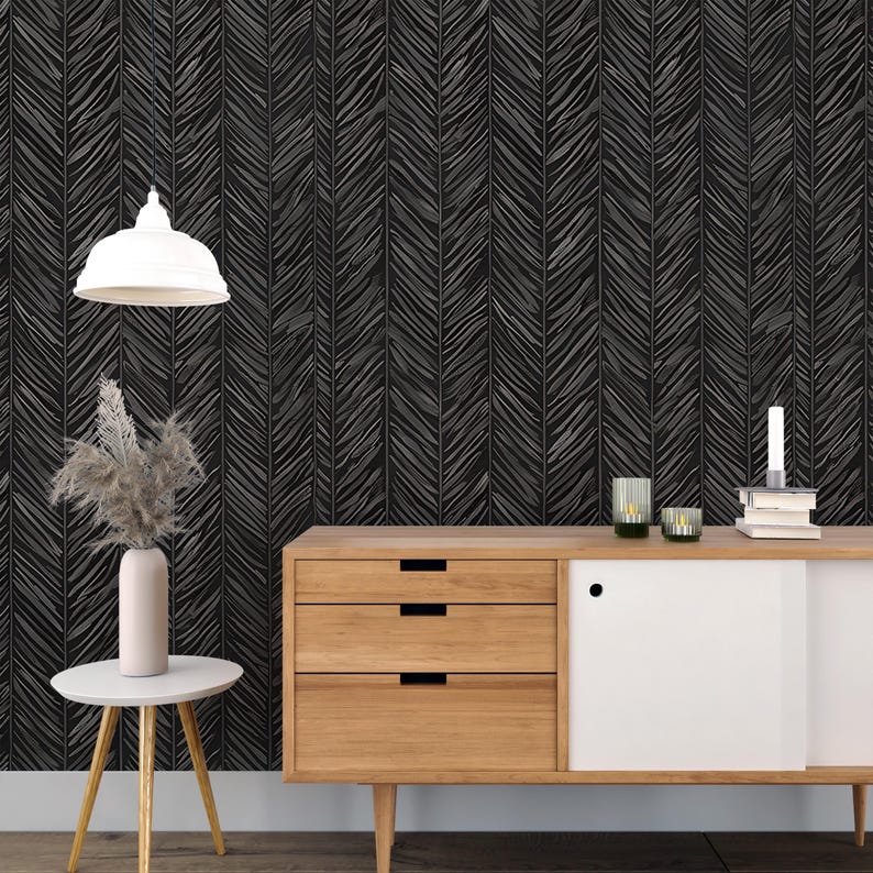 Buy Dark Grey Herringbone Wallpaper, Dark Modern Wallpaper, Peel and