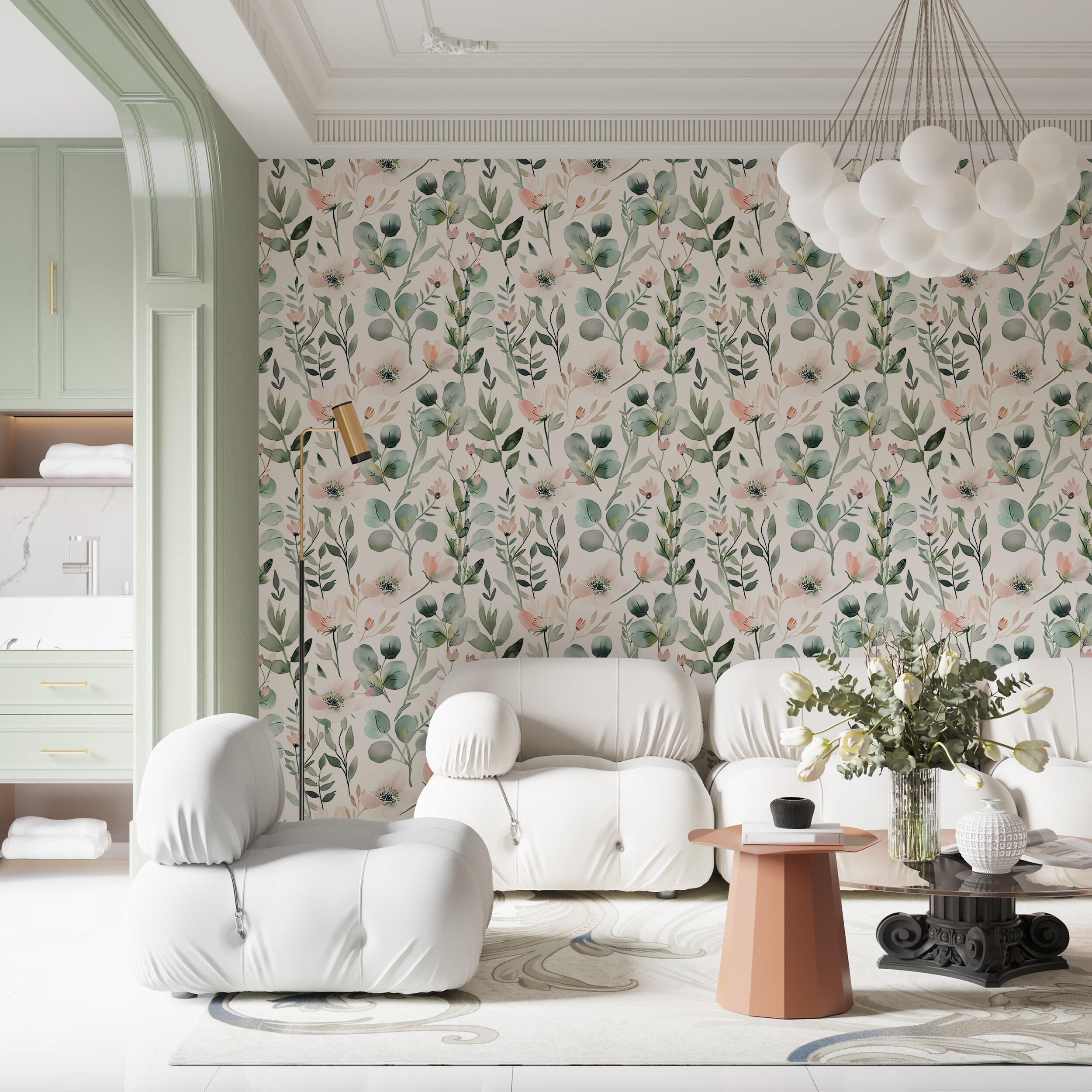Pastel Green and Pink Floral Wallpaper, Green Leaves Wallpaper, Peel