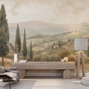 Peel-and-stick vintage landscape mural for living room.
Retro watercolor landscape wallpaper for timeless decor.