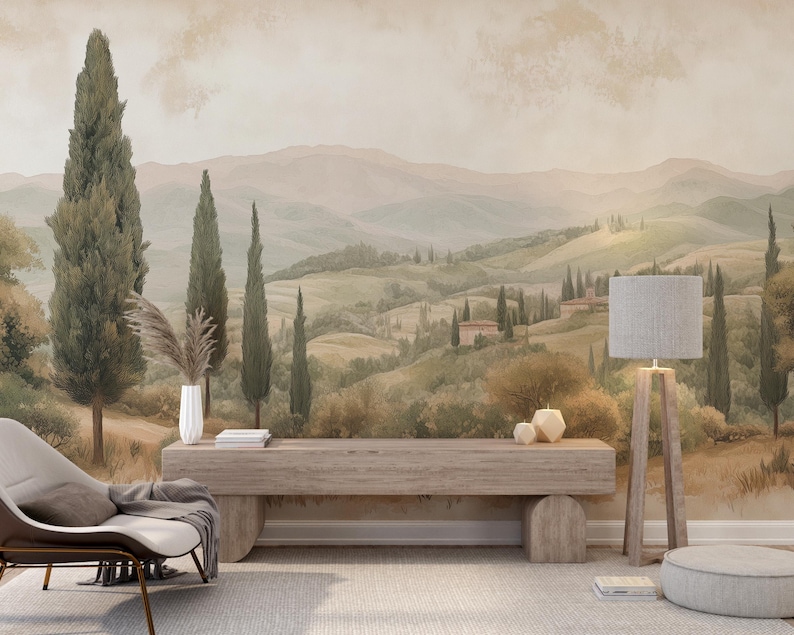 Peel-and-stick vintage landscape mural for living room.
Retro watercolor landscape wallpaper for timeless decor.