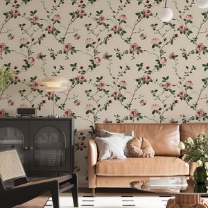 Soft Pink Roses Wallpaper, Peel and Stick Cozy Beige Botanical Wall ...