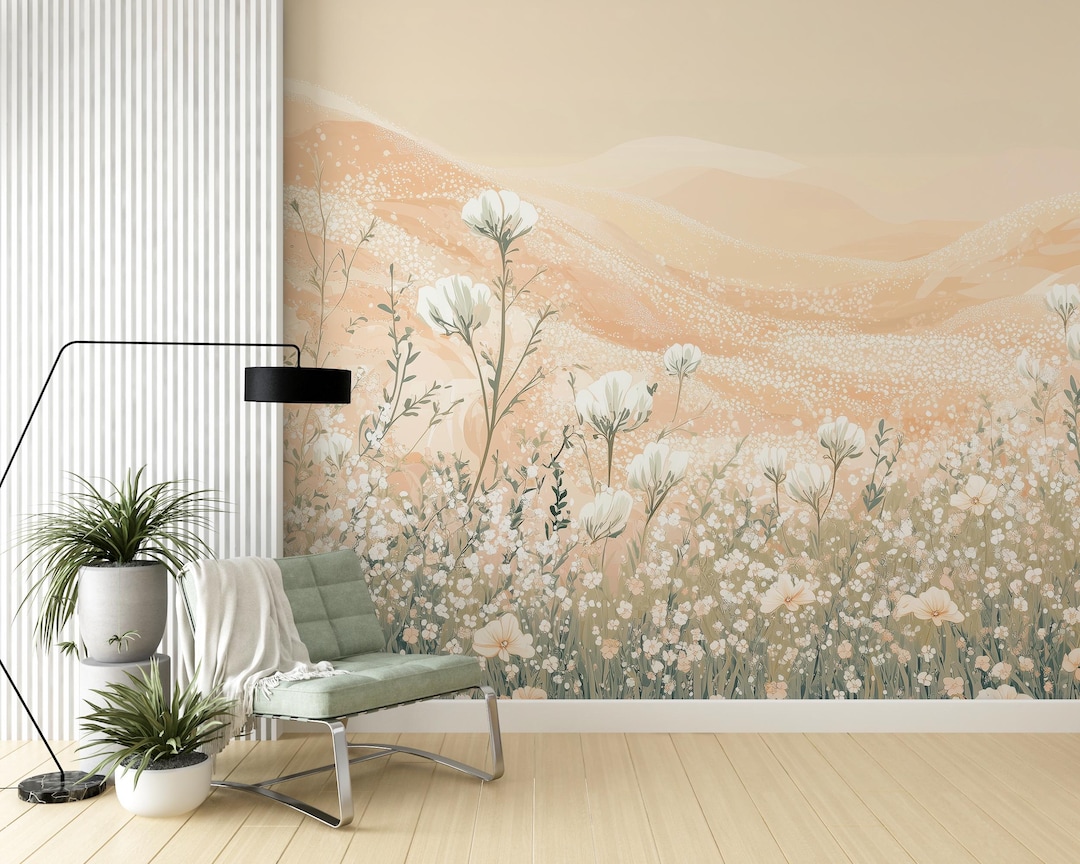 Soft Beige Wildflower Field Mural, Nursery Warm Botanical Decor, Peel ...