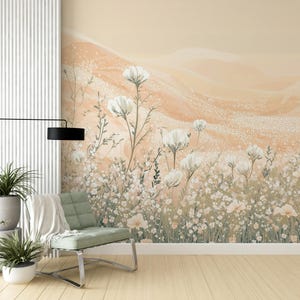 Décoration murale champ fleurs sauvages beige doux, décoration botanique chaleureuse pour chambre de bébé, papier peint prairie fleurs blanches adhésives